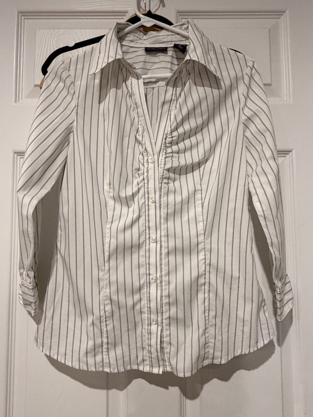 New York & Company White Button-Down with Gray Pinstripes